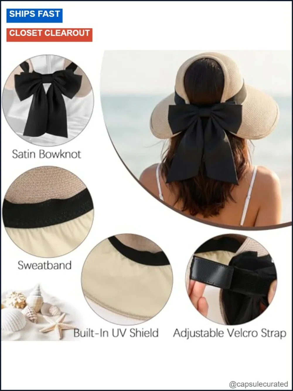 Straw Sun Hat with Bowknot, Wide Brim, Roll Up, UV Protection